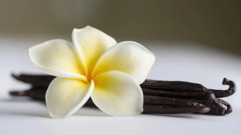 Plumeria flower resting on dried vanilla pods on a white surface