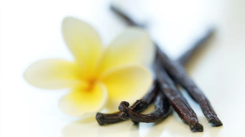 Plumeria flower and dried vanilla pods arranged on a white surface