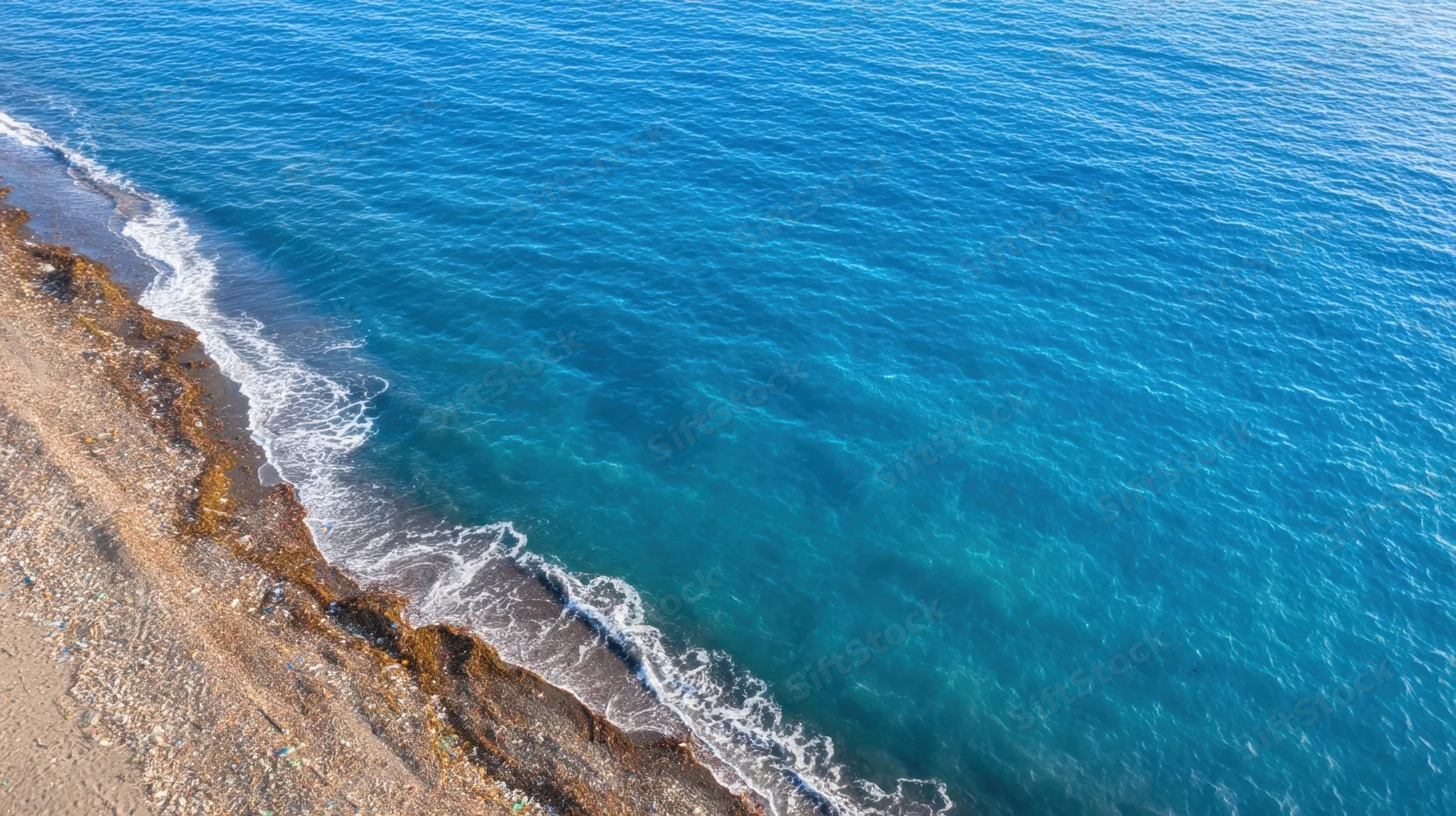 Polluted beach with plastic waste along the shoreline meeting turquoise ocean waves