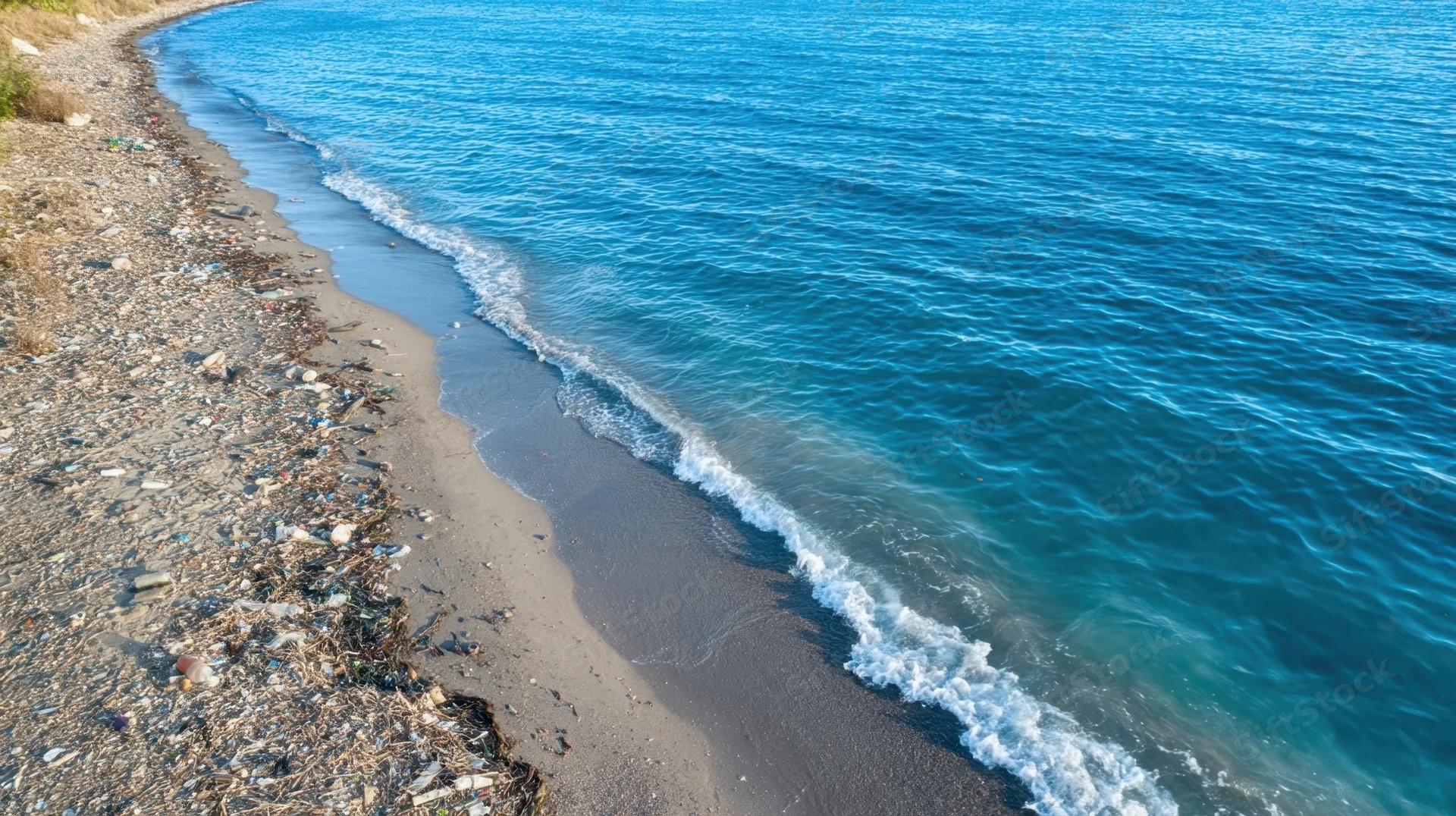 Polluted beach with plastic waste along the shoreline meeting the ocean