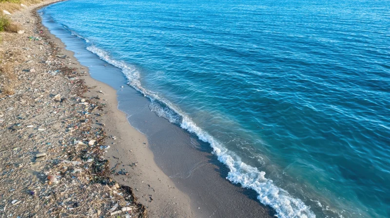 Polluted beach with plastic waste along the shoreline meeting the ocean