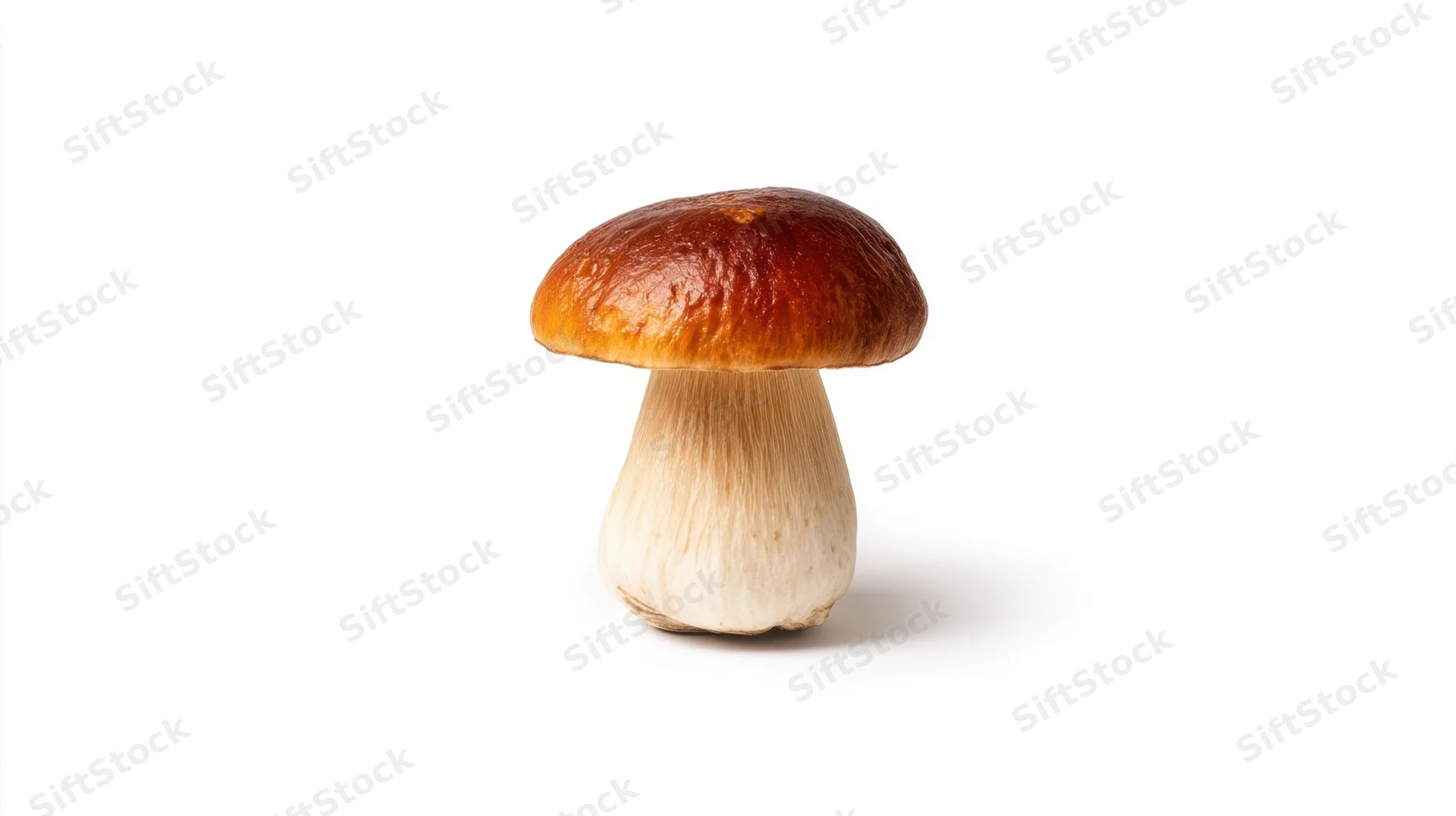 Single porcini mushroom with brown cap and white stem on white background