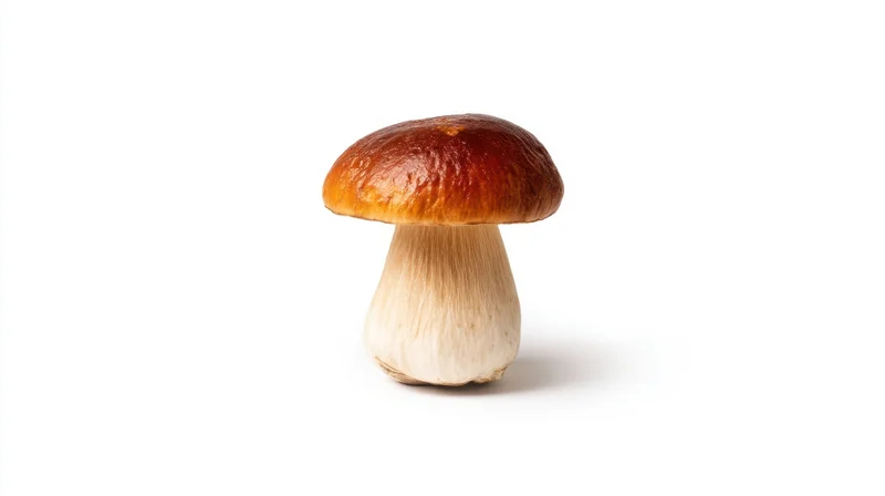 Single porcini mushroom with brown cap and white stem on white background