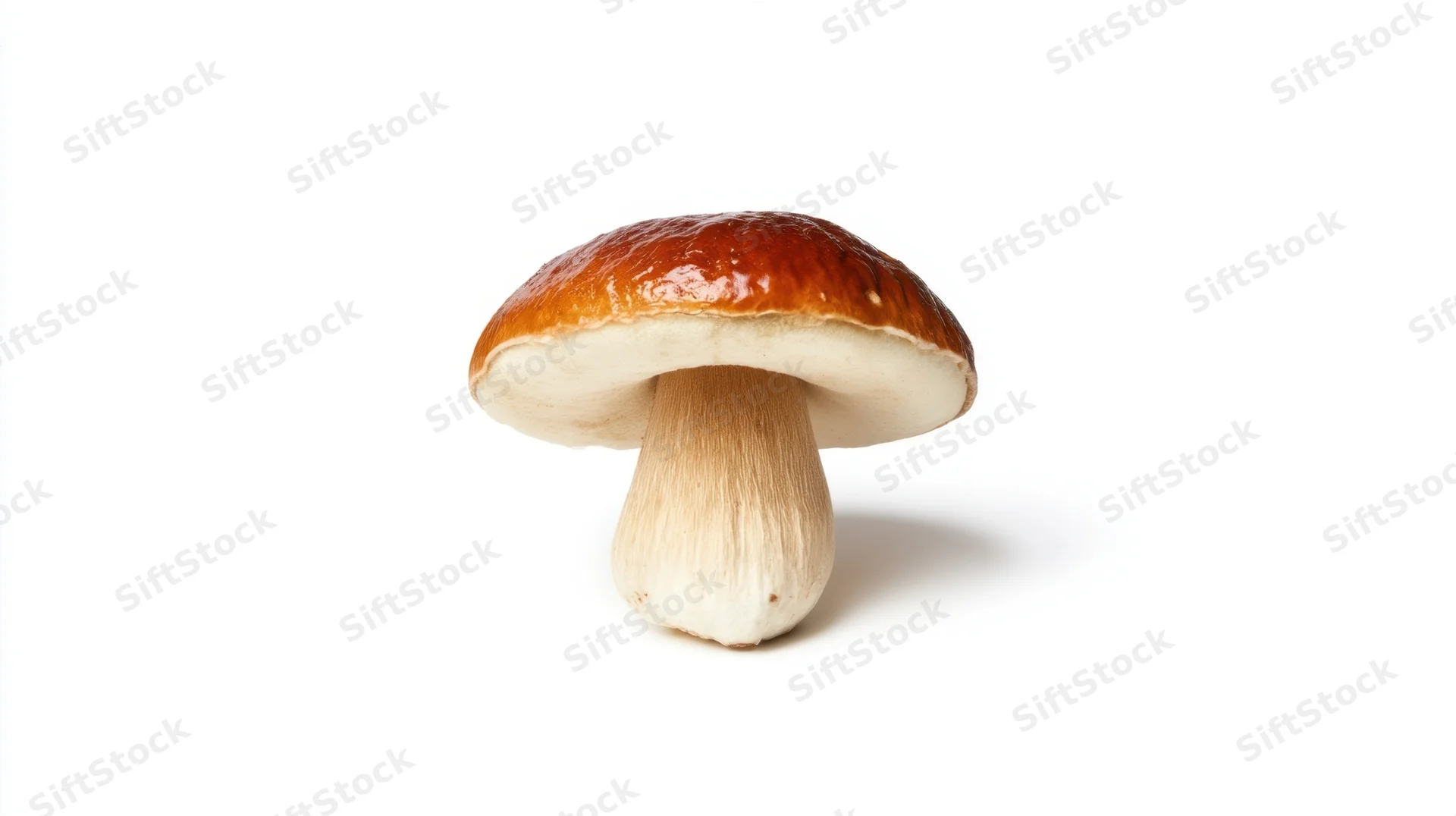Porcini mushroom with brown cap and white stem isolated on white background