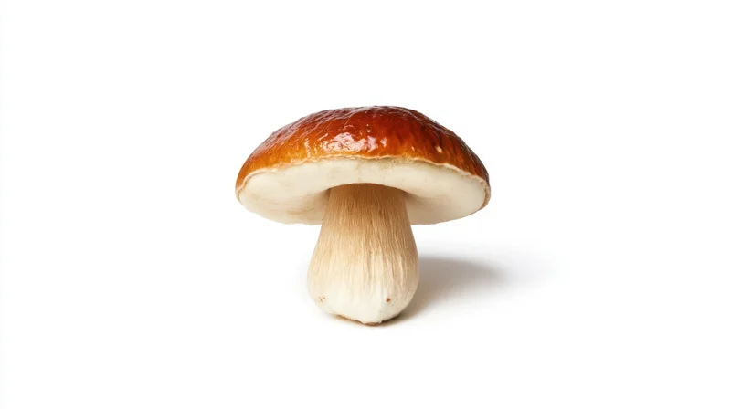 Porcini mushroom with brown cap and white stem isolated on white background