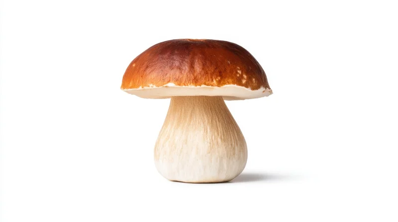 Porcini mushroom with brown cap and white stem isolated on white background