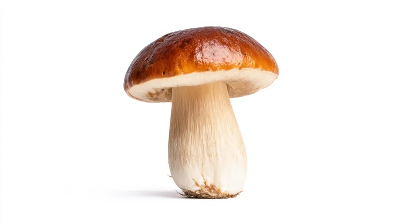 Porcini mushroom with brown cap and white stem isolated on white background