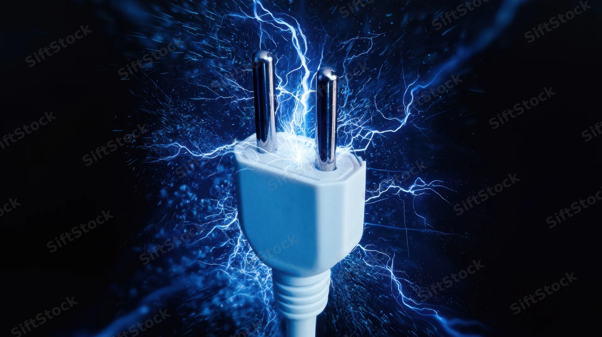 White electrical plug with blue electric arcs radiating from its prongs against a dark background