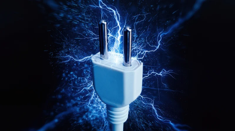 White electrical plug with blue electric arcs radiating from its prongs against a dark background