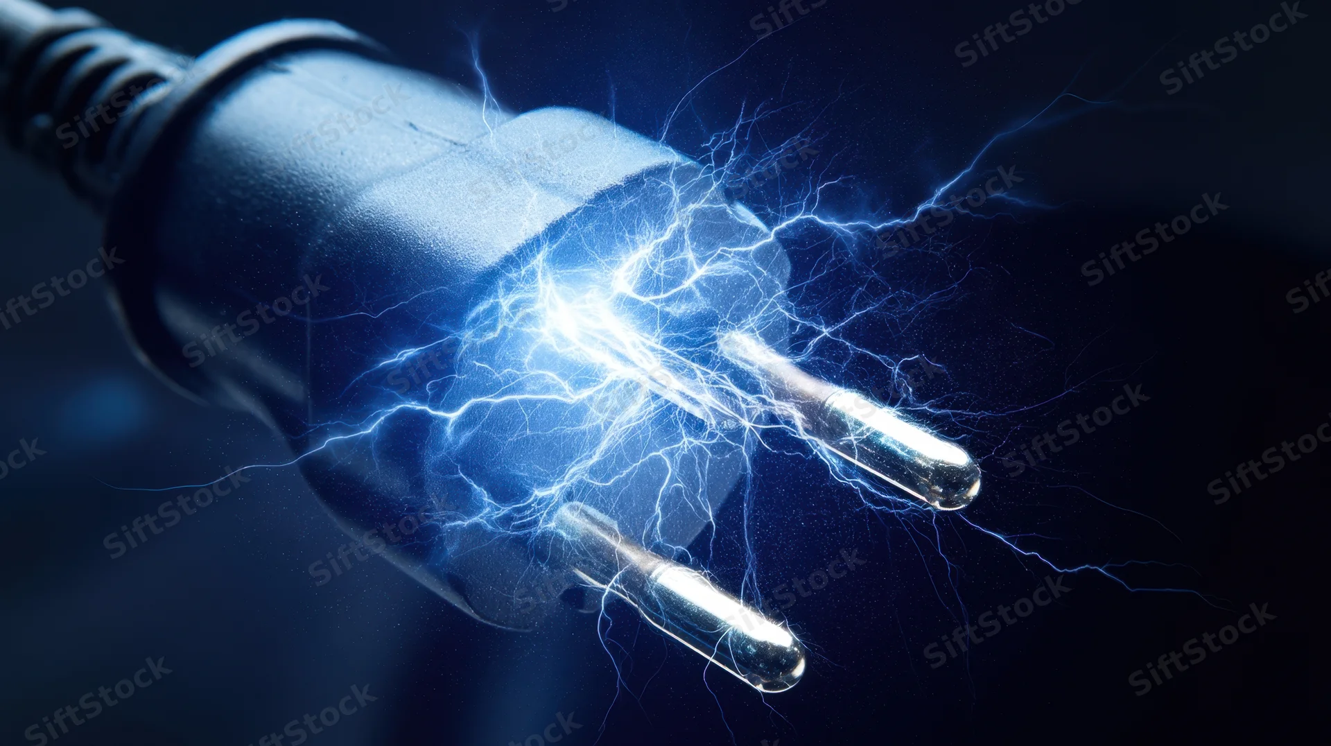 Close-up of a power plug with electric sparks arcing from its prongs against a dark background