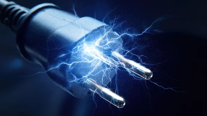 Close-up of a power plug with electric sparks arcing from its prongs against a dark background