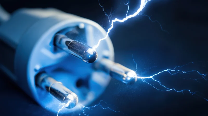Closeup of a power plug with electric sparks arcing from its prongs against a dark background