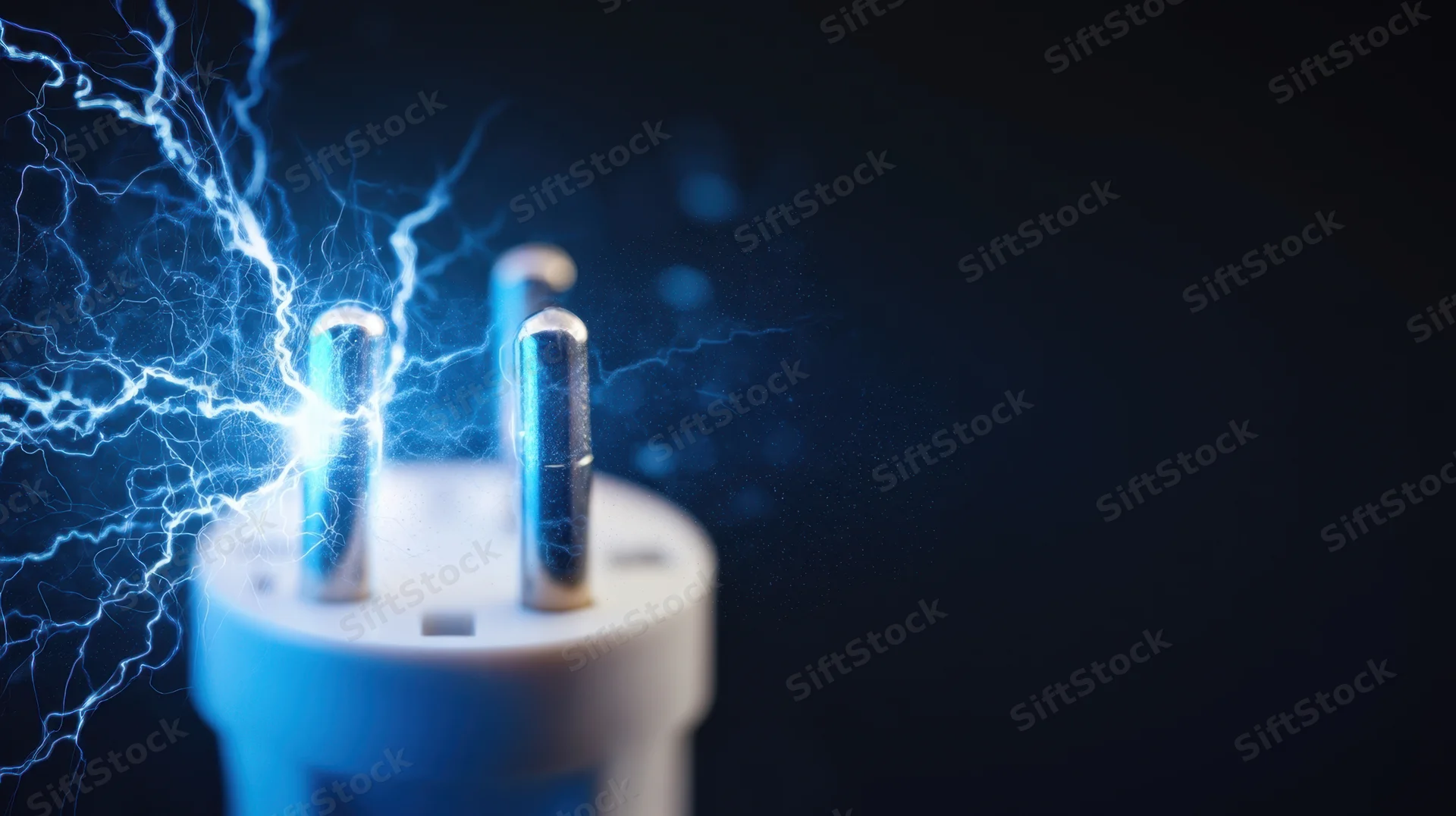 Close-up of a white electrical plug with blue electric arcs emanating from its prongs against a dark background