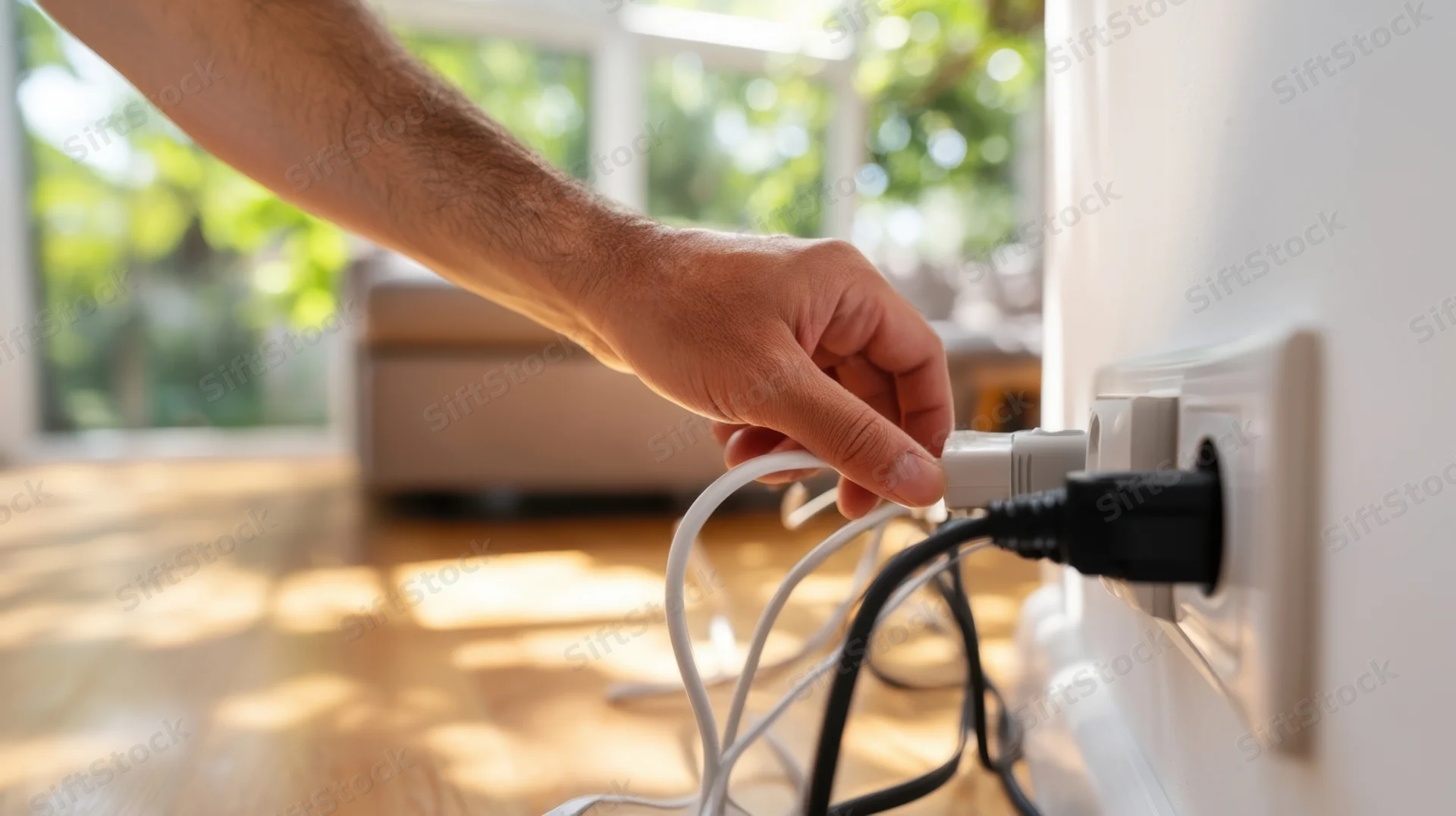 Hand inserting a white plug into a wall outlet in a sunlit living room