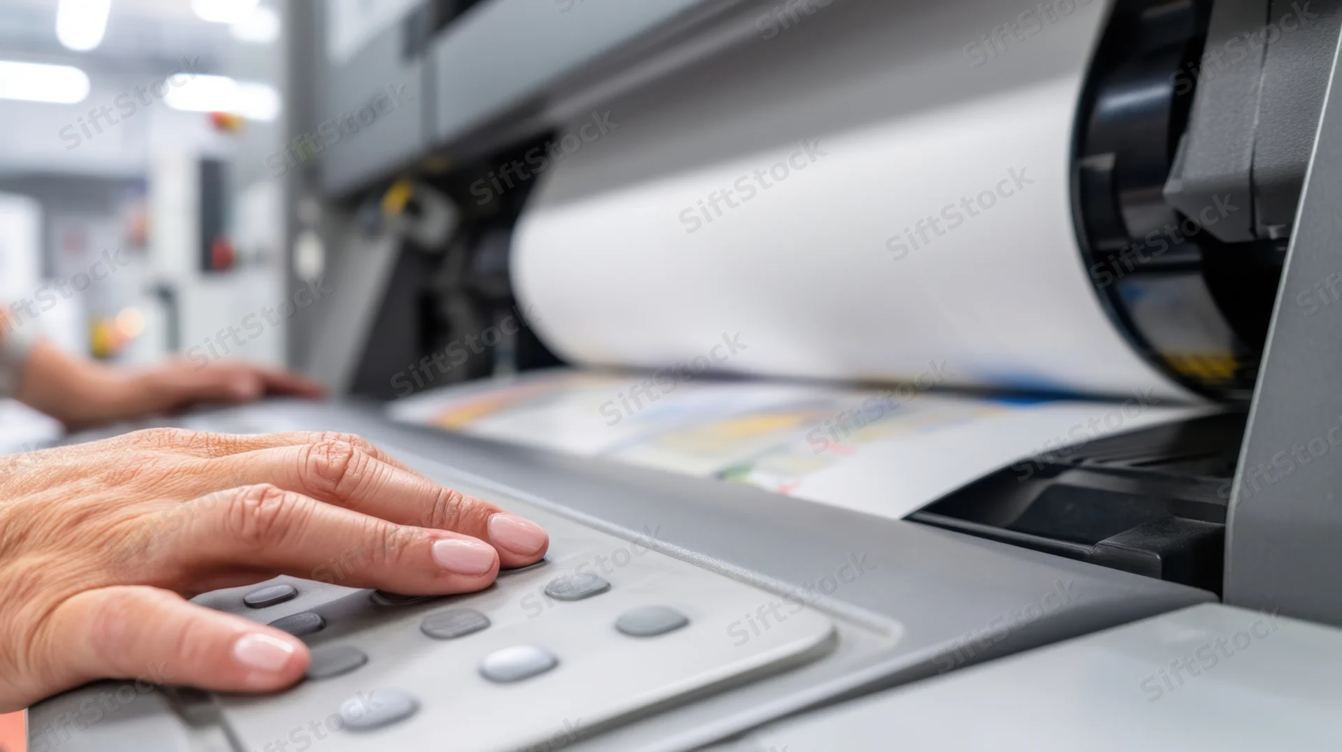 Hand pressing buttons on a printing machine control panel in a factory setting