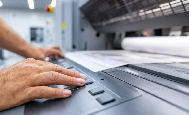 Male operator pressing buttons on printing machine control panel in factory