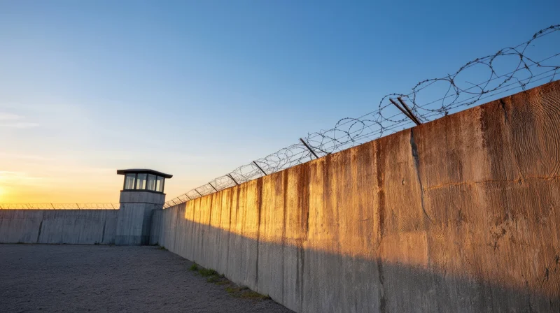 Concrete prison wall with barbed wire and watchtower at sunset