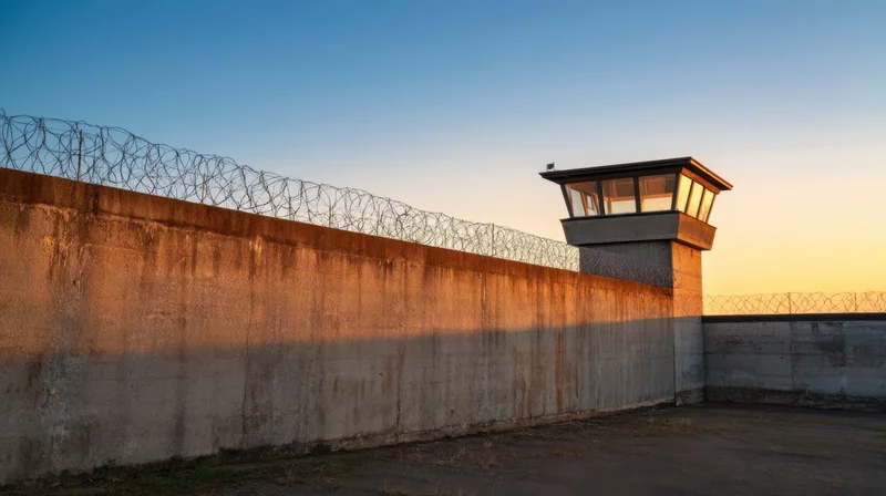 Concrete prison wall topped with barbed wire and a watchtower at sunset