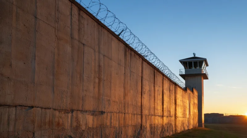 Concrete prison wall topped with barbed wire and a watchtower at sunset
