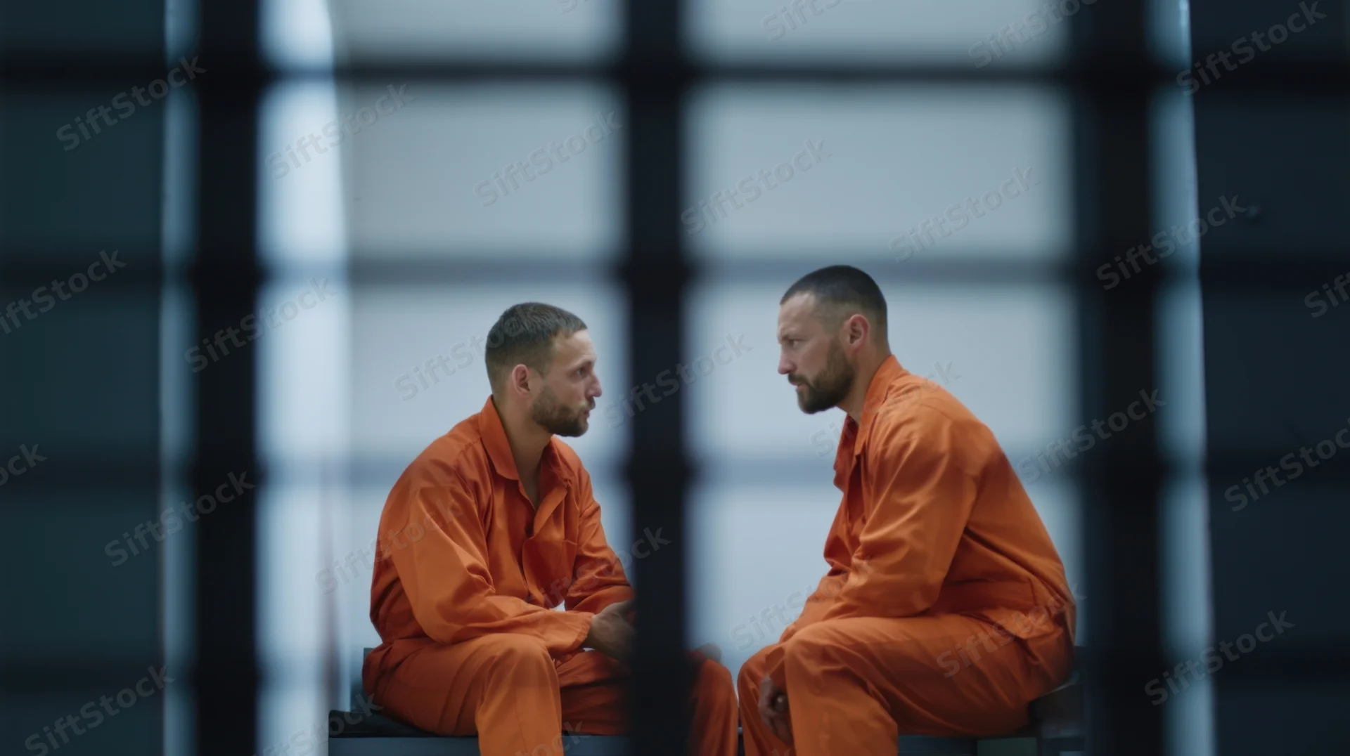 Two men in orange prison uniforms seated facing each other in a cell behind bars