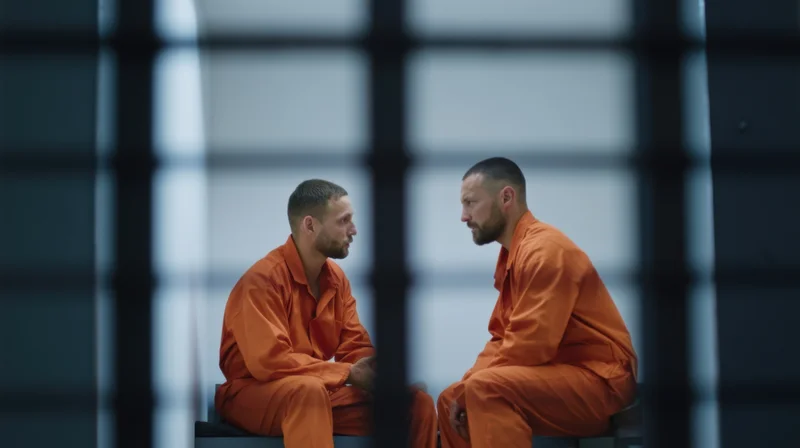 Two men in orange prison uniforms seated facing each other in a cell behind bars