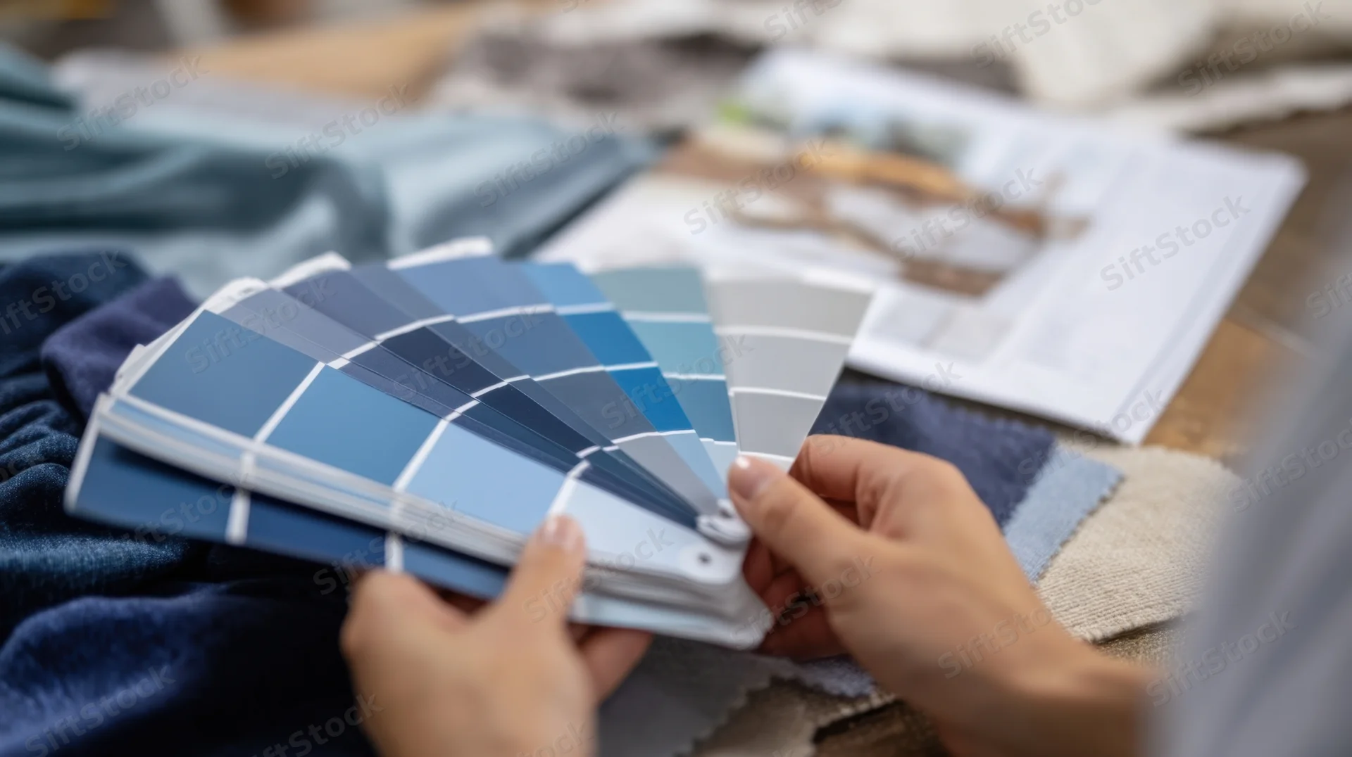 Hands holding blue and gray paint swatches over fabric samples on a table during a design consultation