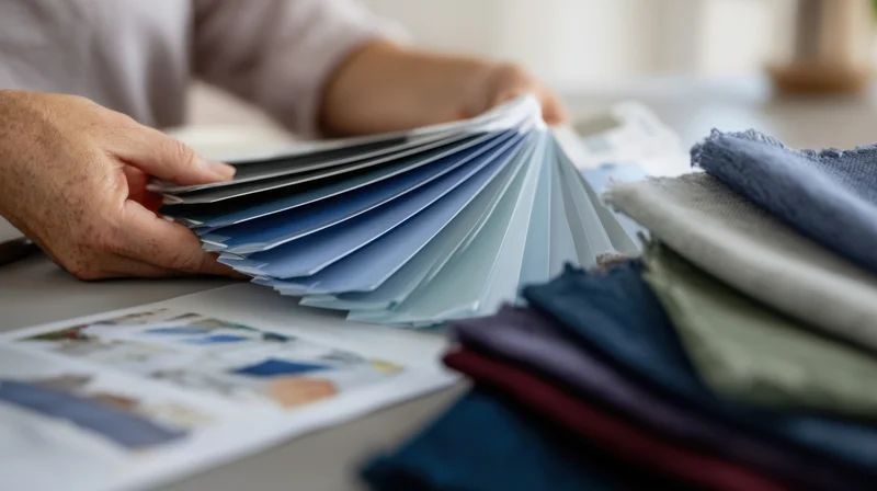 Hands flipping through blue color swatches beside fabric samples on a table