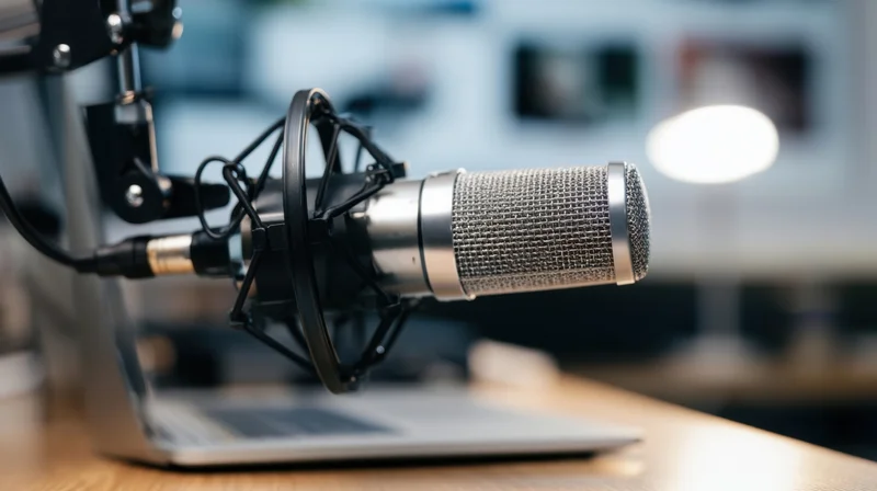 Condenser microphone on stand with pop filter positioned over laptop in recording studio workspace