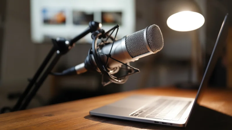 Professional microphone on boom arm positioned near laptop on wooden desk in home studio setup