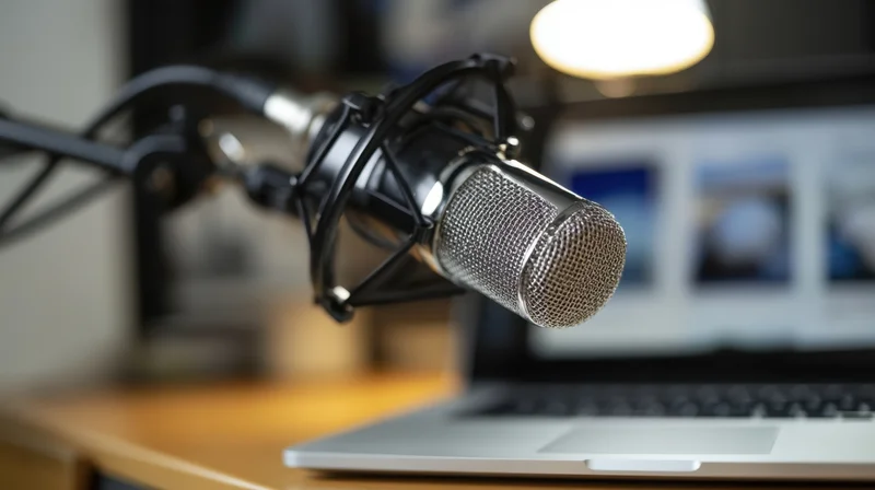 Condenser microphone on stand in front of laptop on wooden desk