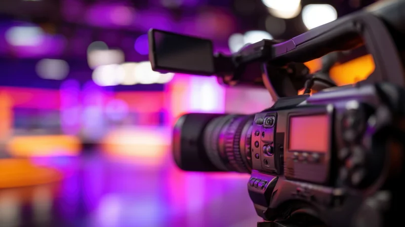 Professional video camera recording in a studio with purple and orange lighting