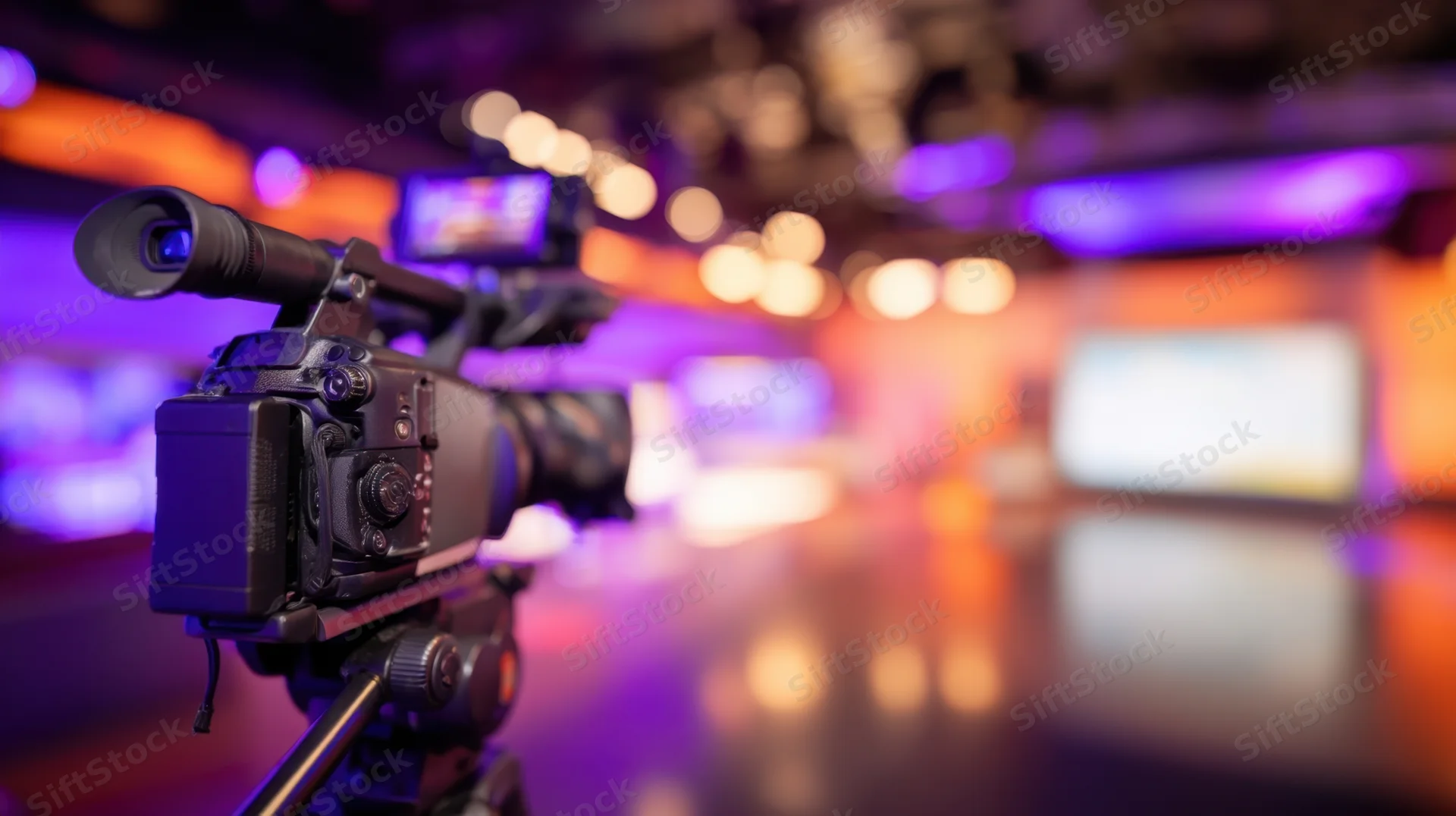 Professional camera on tripod recording in a studio with purple and orange lighting