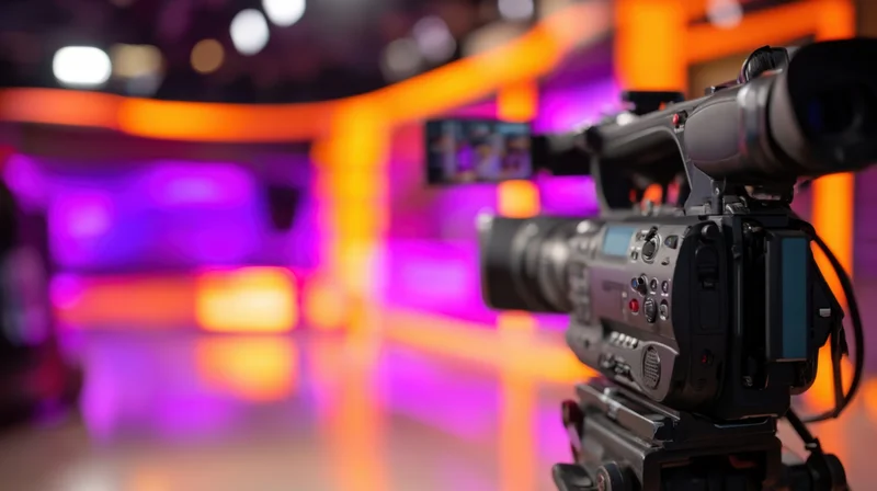 Professional video camera on tripod in a brightly lit studio set with orange and purple lighting