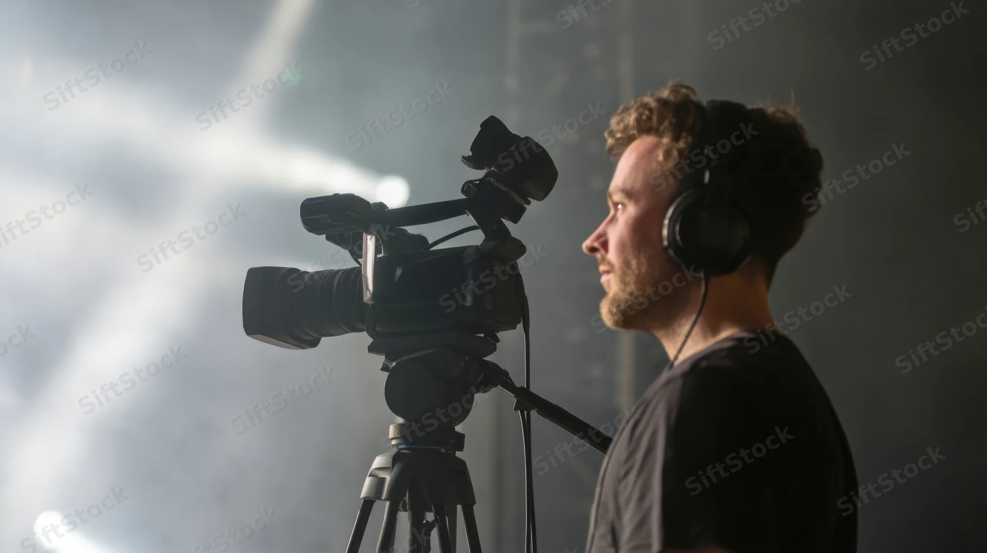 Cameraman filming with professional camera on tripod in smoky studio setting