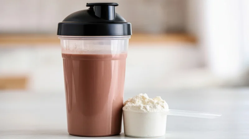 Protein shake in a shaker bottle beside a scoop of powder on a kitchen table