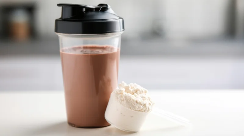 Chocolate protein shake in a blender bottle with a scoop of powder on a kitchen counter