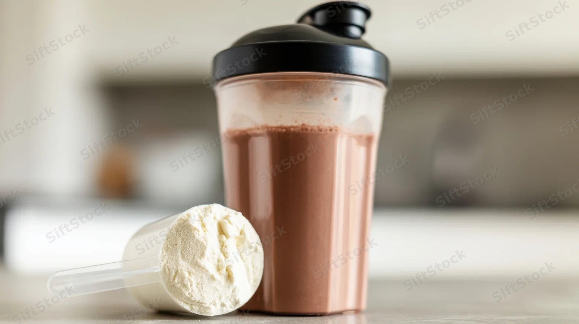Chocolate protein shake in a shaker bottle with a scoop of powder on a kitchen counter