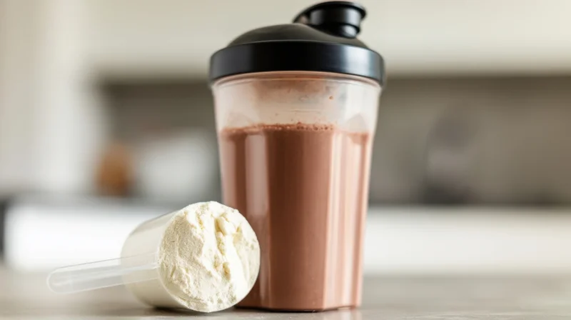 Chocolate protein shake in a shaker bottle with a scoop of powder on a kitchen counter