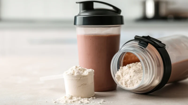 Protein powder in a scoop and jar next to a shake bottle on a kitchen counter