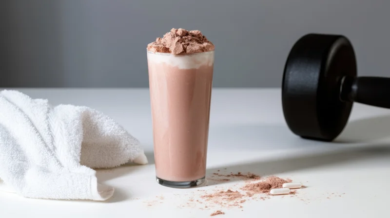 Protein shake in a glass topped with powder beside a towel and dumbbell on a white surface