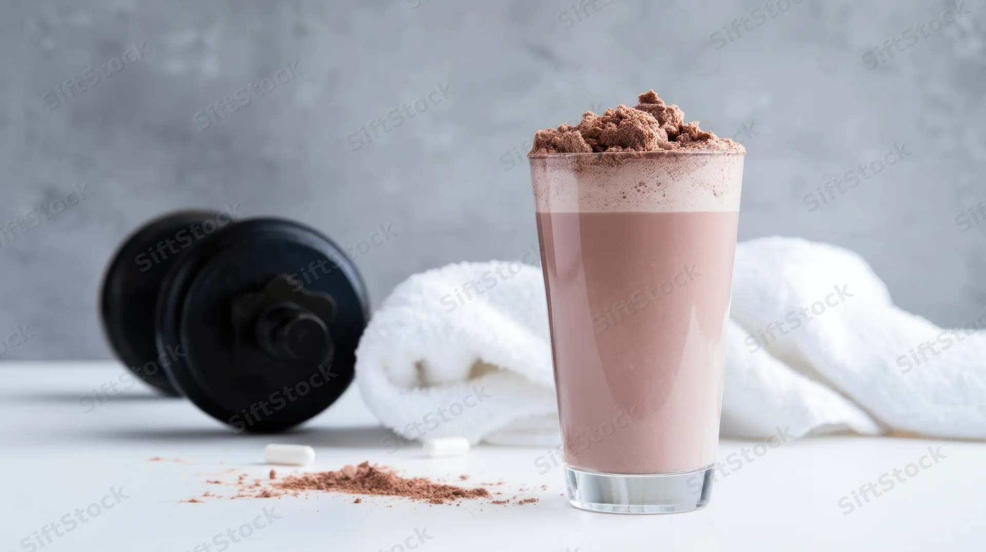 Chocolate protein shake in a glass with dumbbell and towel on white surface
