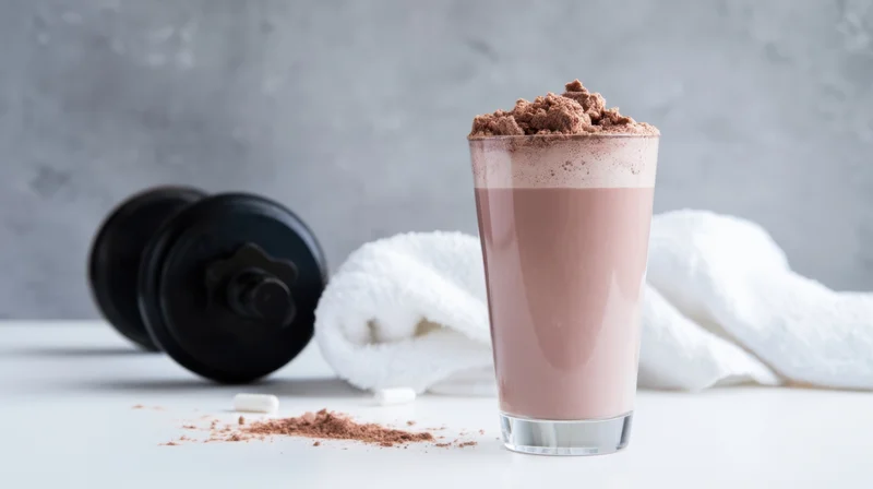 Chocolate protein shake in a glass with dumbbell and towel on white surface
