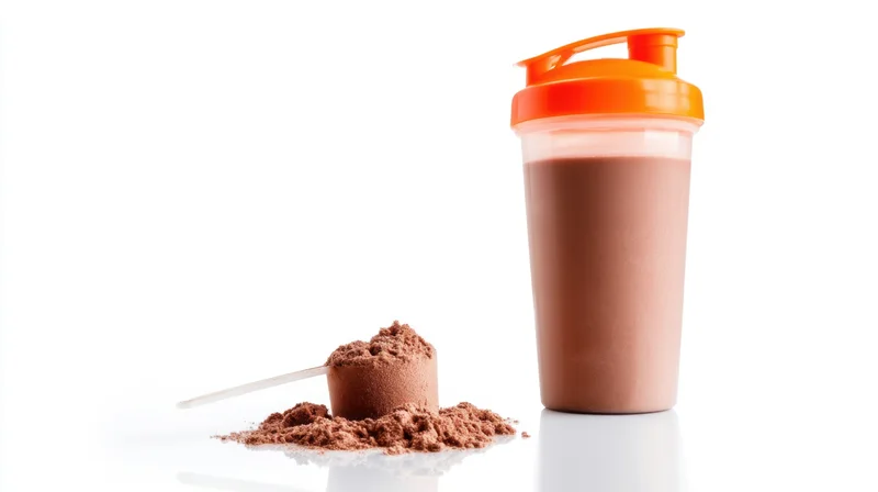 Protein powder scoop next to a chocolate shake in an orange shaker bottle on white background