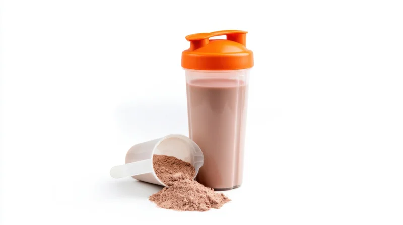 Protein shake in a shaker bottle with spilled powder and scoop on white background