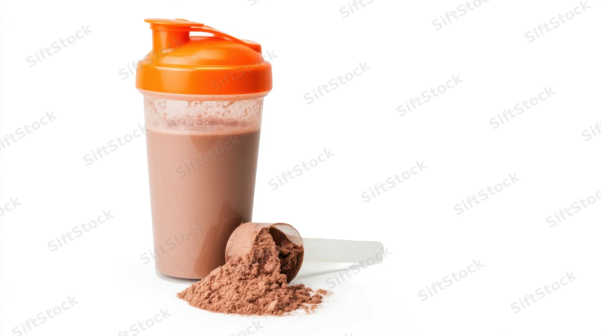 Protein shake in a shaker bottle with spilled powder and scoop on white background