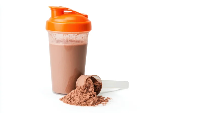 Protein shake in a shaker bottle with spilled powder and scoop on white background