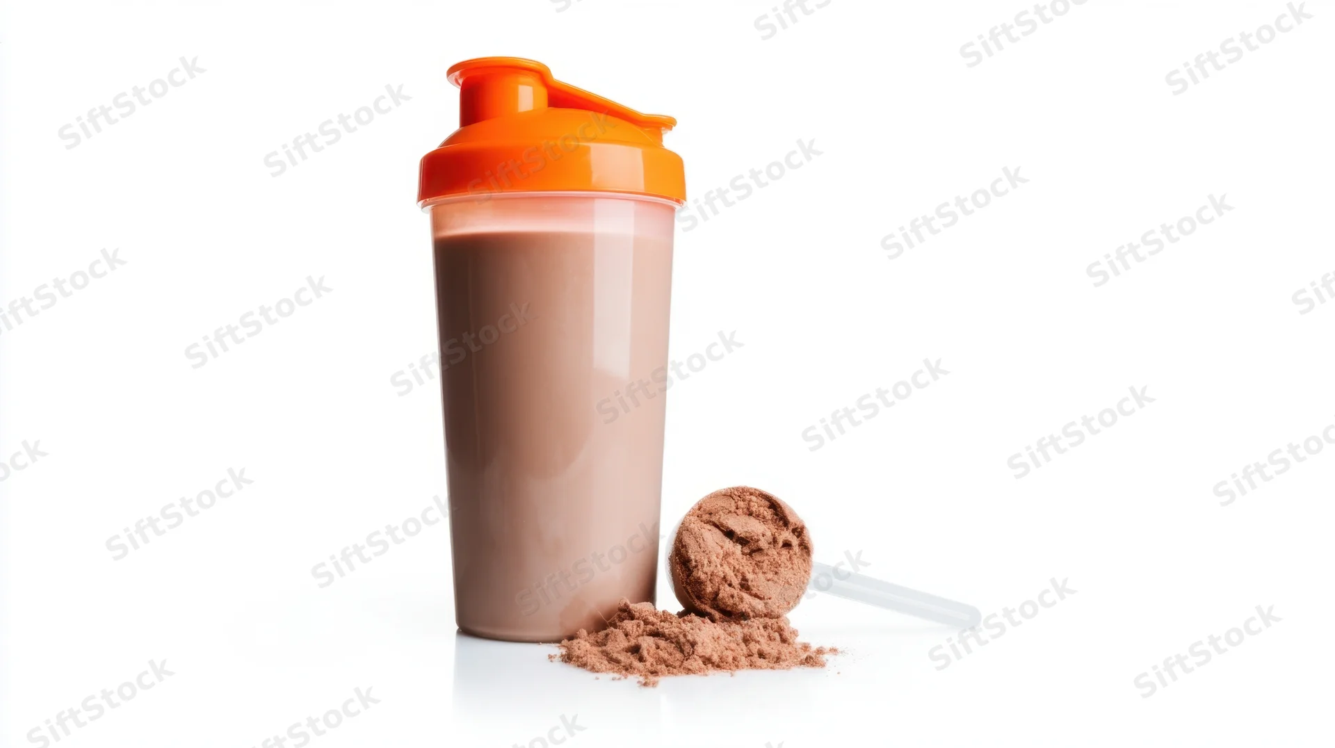 Protein shaker with chocolate powder scoop on white background
