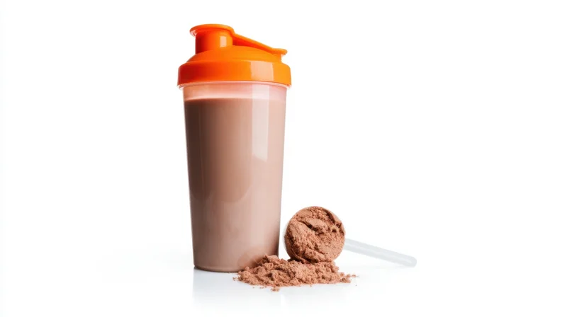 Protein shaker with chocolate powder scoop on white background
