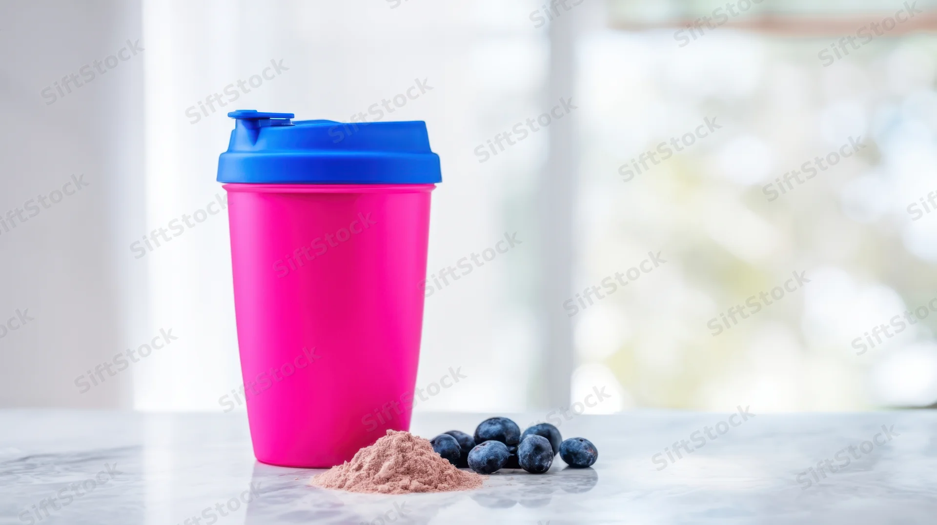 Pink and blue protein shaker with powder and blueberries on a countertop near a window