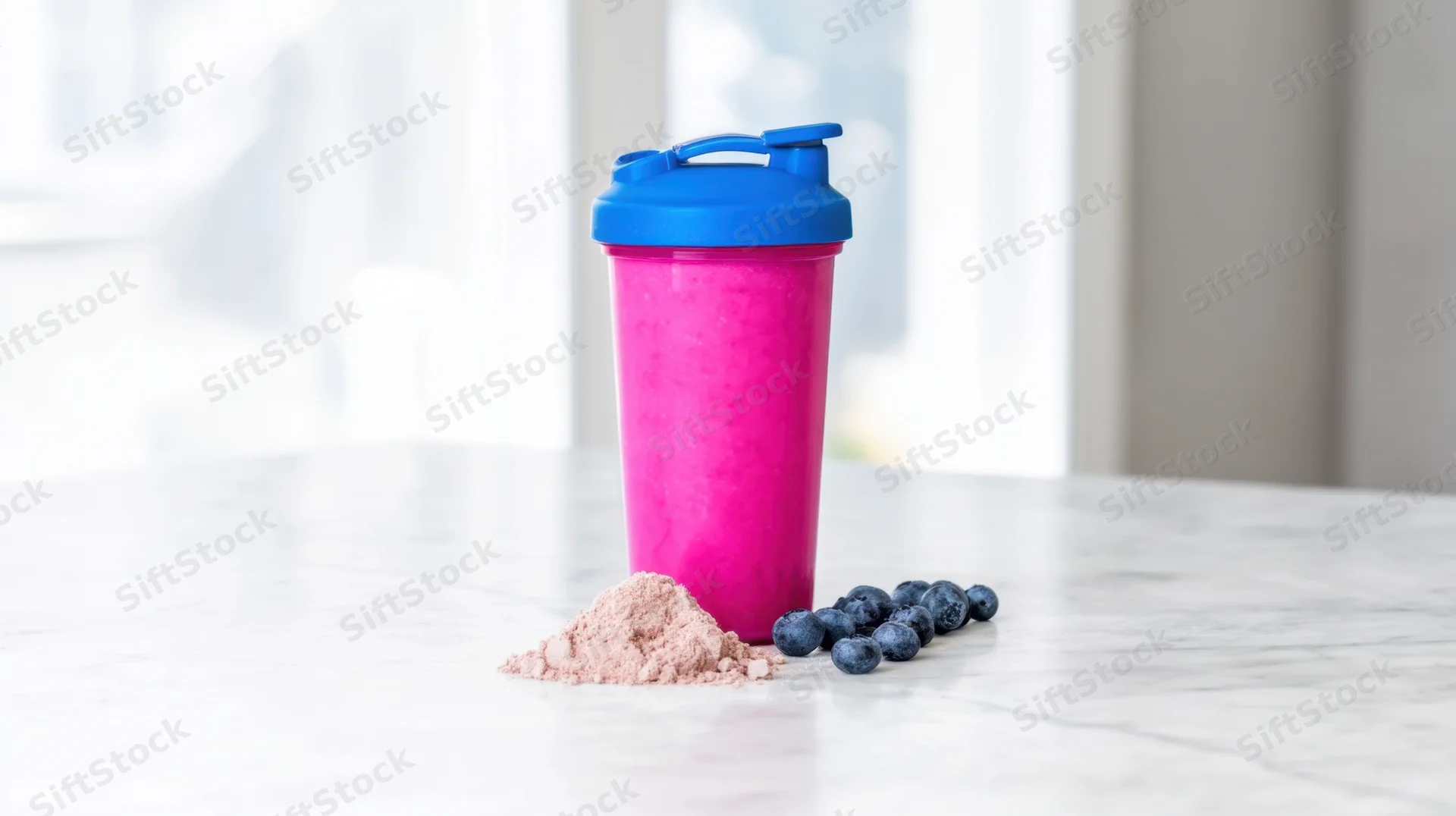 Pink protein shaker with powder and blueberries on marble countertop